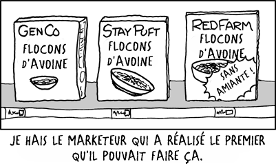 L'amiante est mauvaise ; c'est sûr, je vais prendre ceux de droite. Attends... Celui là n'a pas la grippe porcine ! Maintenant je ne sais plus lequel choisir.